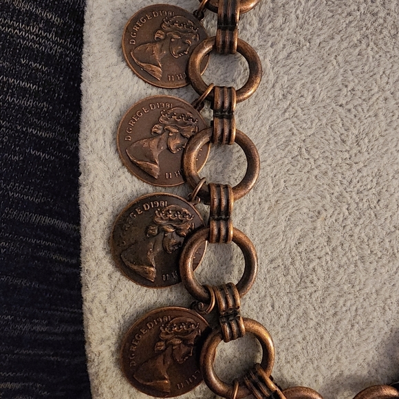 Vintage Copper Tone Foriegn Coin Charm Statement Necklace Bracelet Set Roman EUC - Picture 10 of 11